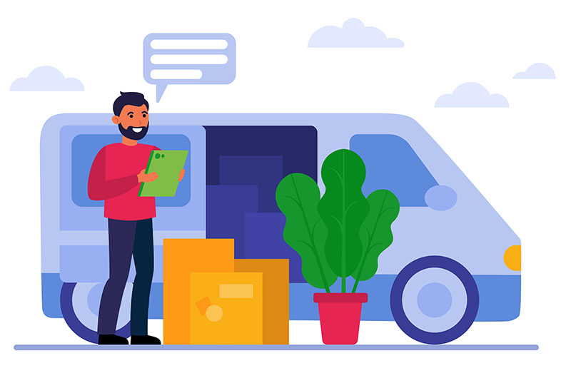 Smiling courier standing near van and boxes